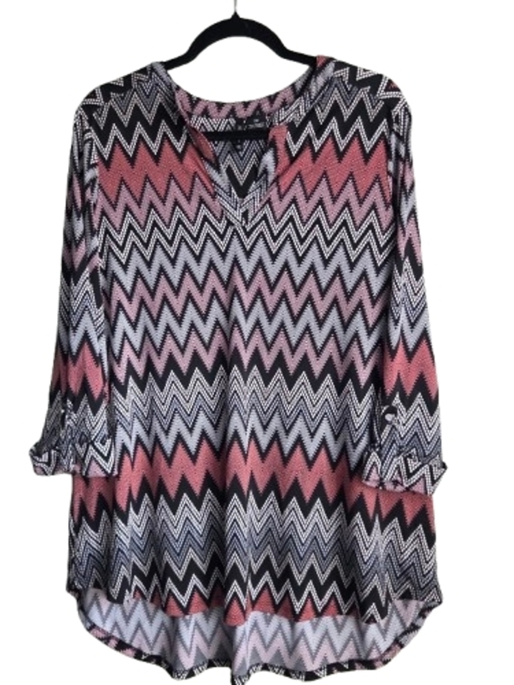 new directions Pink Chevron V-Neck Roll-Tab Tunic